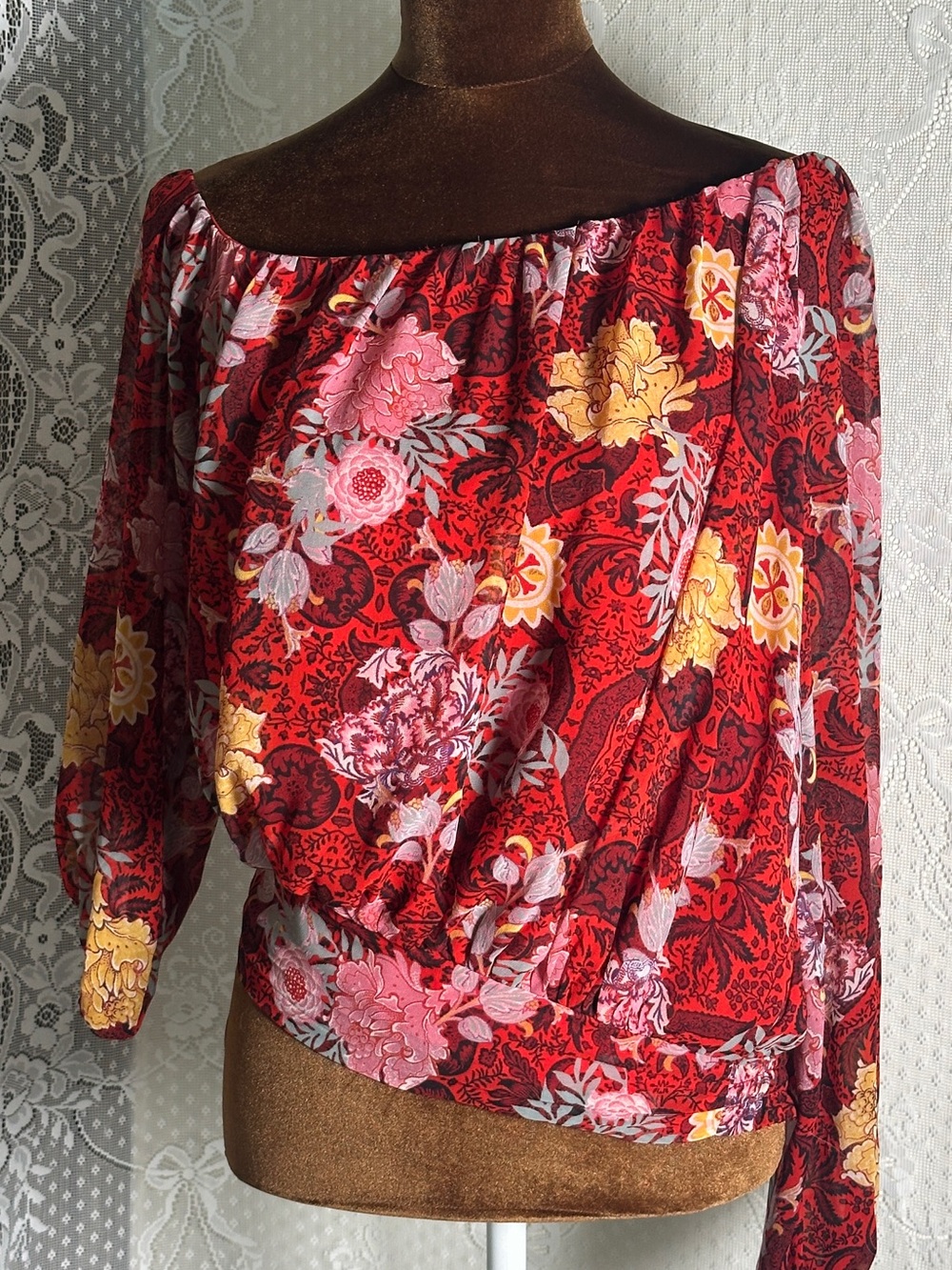 Guess Red Floral Off-Shoulder Blouse with Pink and Yellow Accents